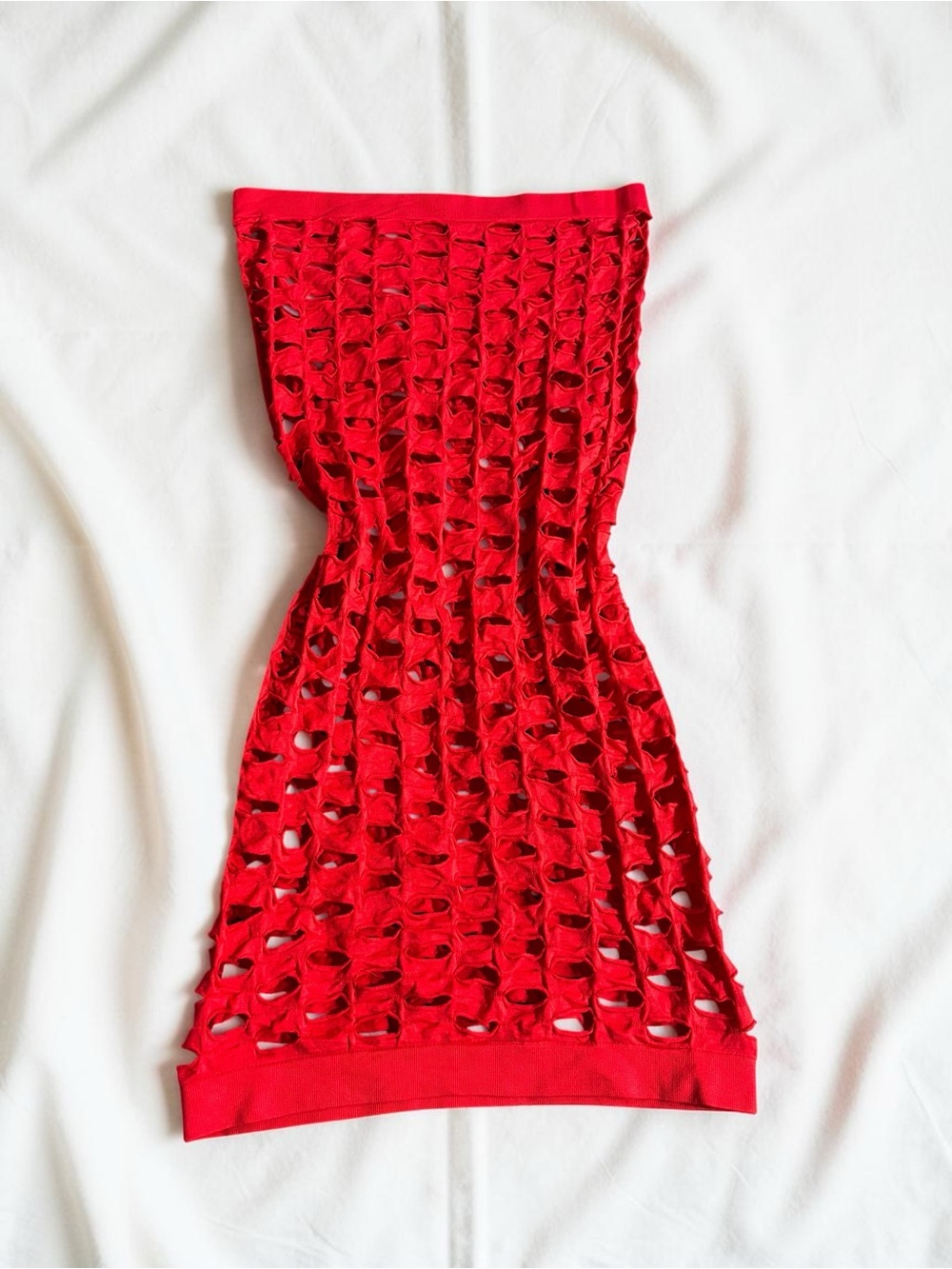 Y2K 2000s Red Open Knit Tube Mini Dress Strapless Bodycon Club Festival XS